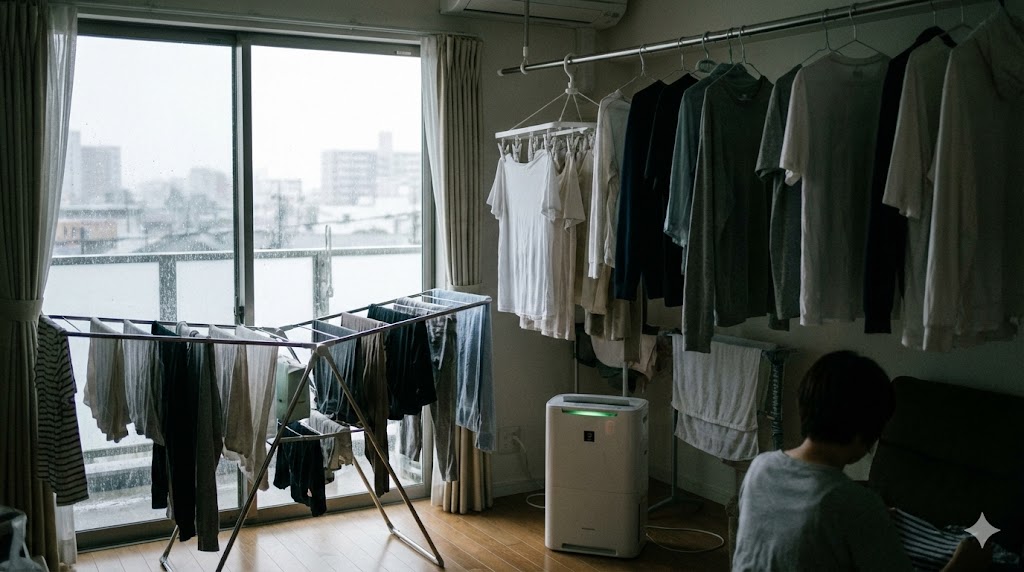 雨の日が続く時期の除湿空気清浄機、部屋干しの乾きに困る場面